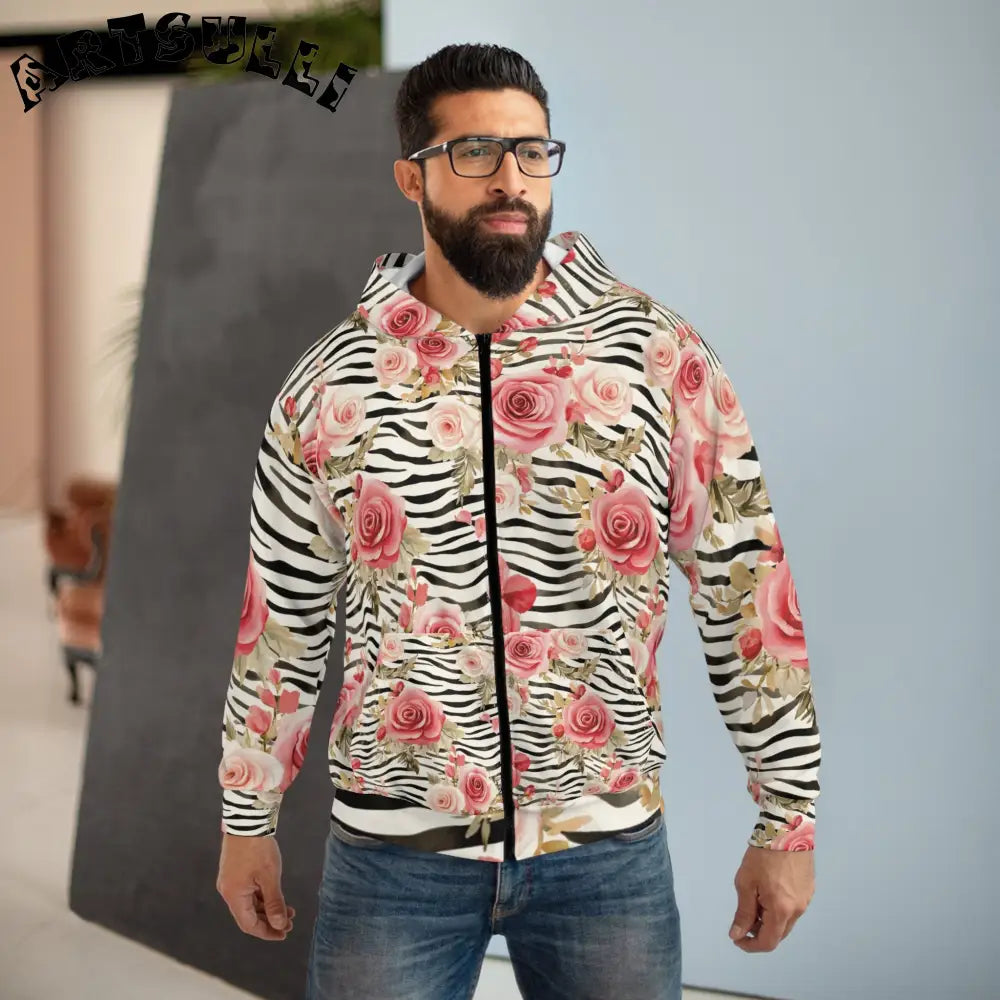 Zebra Rose Floral Zip Hoodie, Artsulli - Art is Long, Life is Short, All Over Prints, , , , , , , 