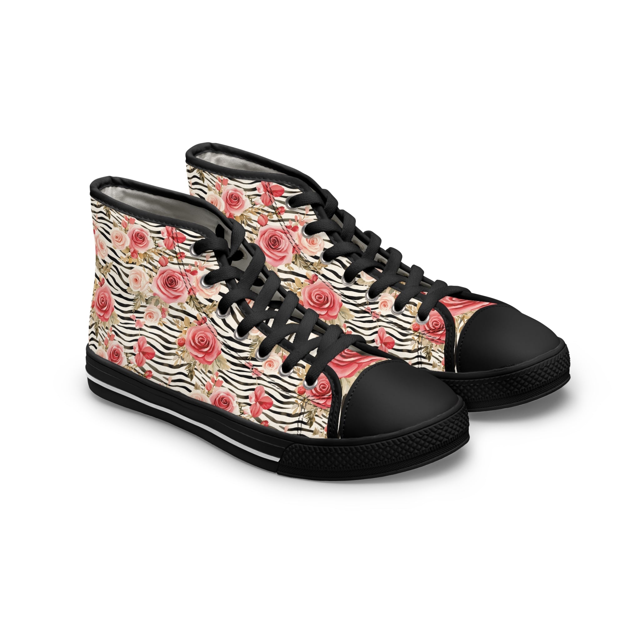Zebra Rose Print High Top Sneakers, Artsulli - Art is Long, Life is Short, Shoes, Size, US 5.5, Color, Black sole, , , 17915033700527087970