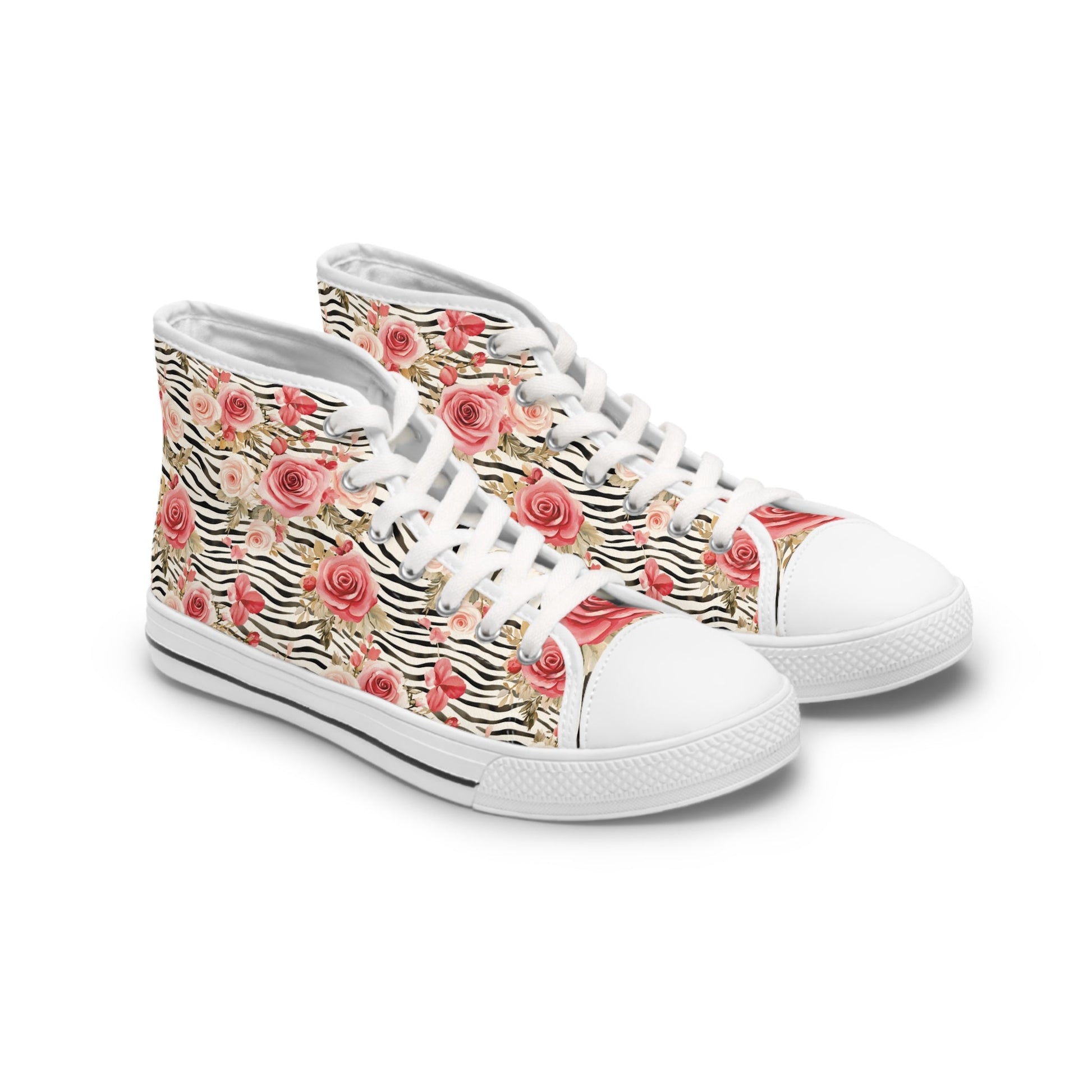 Zebra Rose Print High Top Sneakers, Artsulli - Art is Long, Life is Short, Shoes, Size, US 5.5, Color, White sole, , , 32816192481067204178